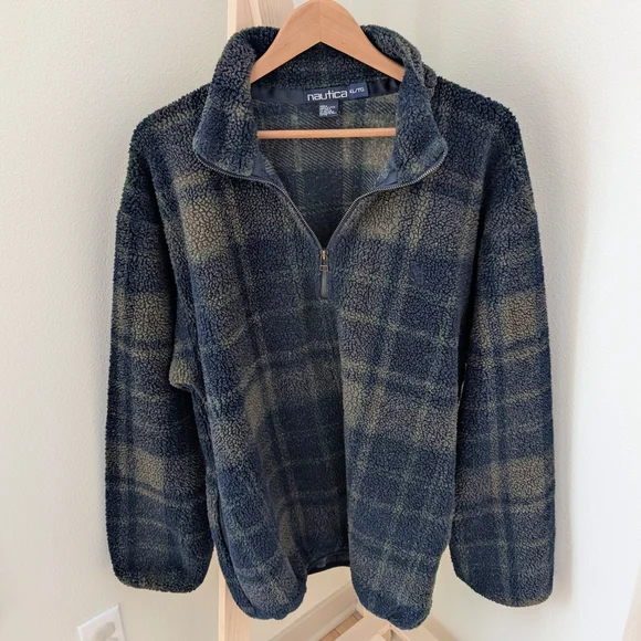 Vintage Collared Plaid Fleece Quarter-Zip Pullover Jacket In Navy/Forest Green